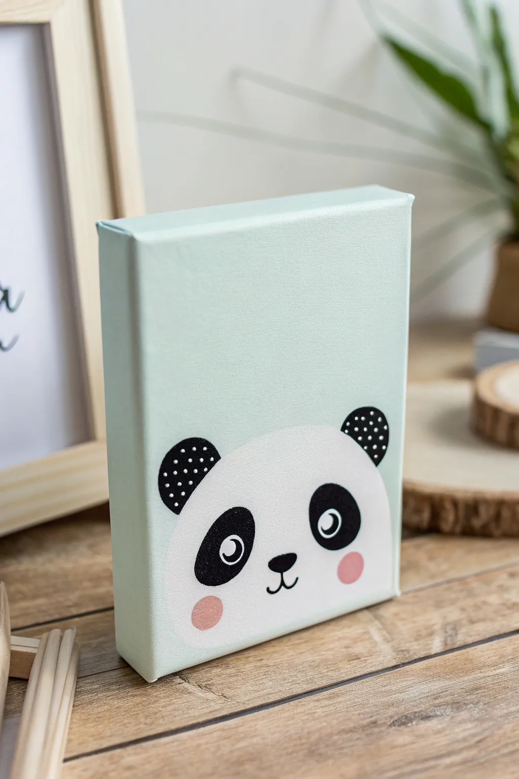 Peekaboo panda mini canvas with mint backdrop and rosy cheeks, minimal and irresistibly cute