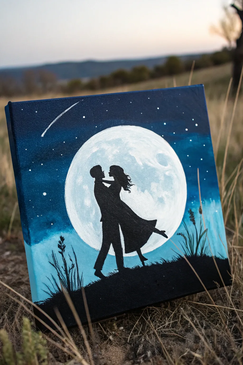 Moonlight Dance Silhouette for Two: a bold minimalist couple painting with a glowing moon