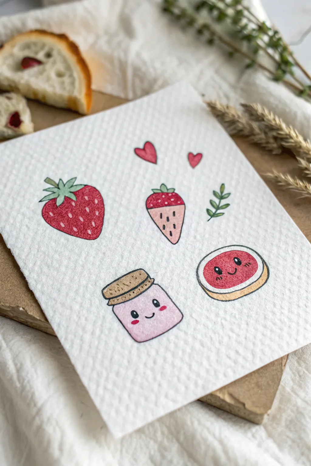 Minimalist kawaii food doodles with blush cheeks, bold colors, and plenty of clean white space.