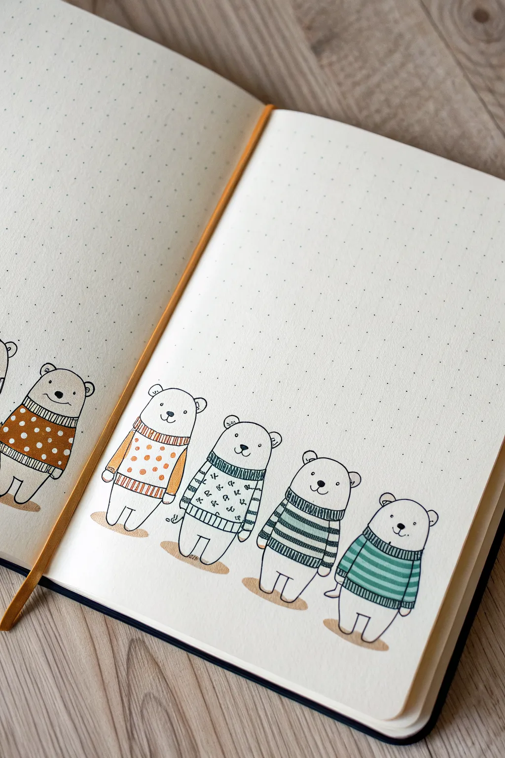 Tiny bears in cozy patterned sweaters, simple shapes and bold colors for easy drawing inspo.
