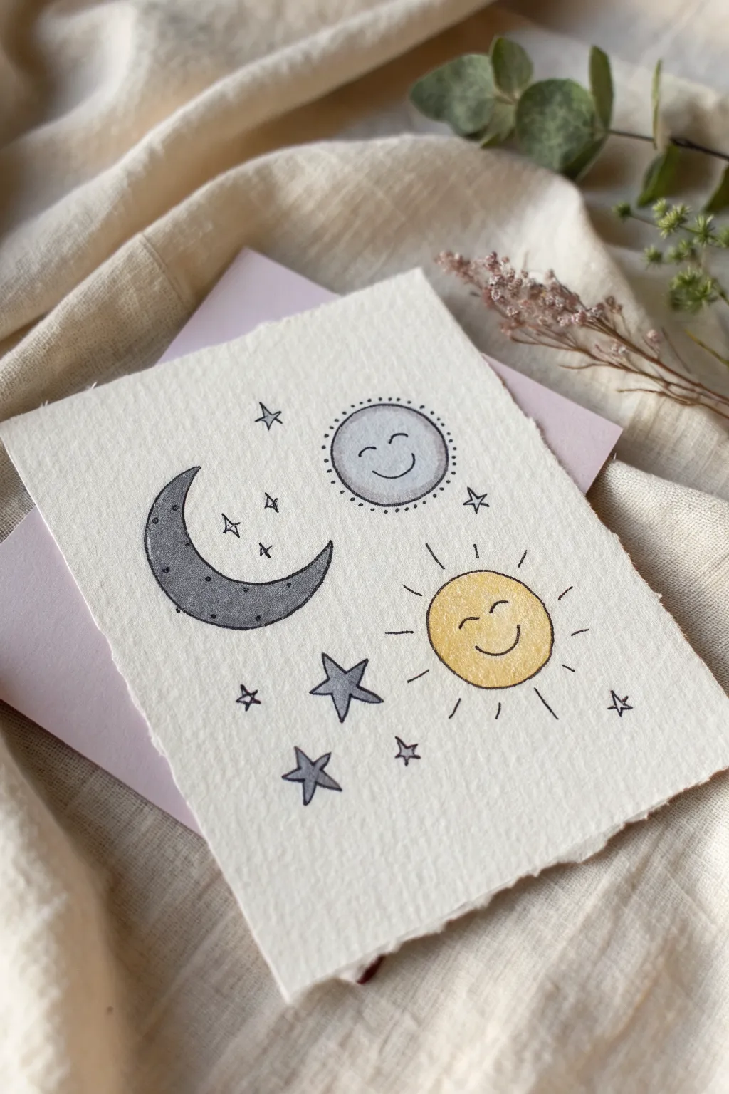 Minimal sun, moon and stars doodle on textured paper for a cozy Scandinavian-boho vibe