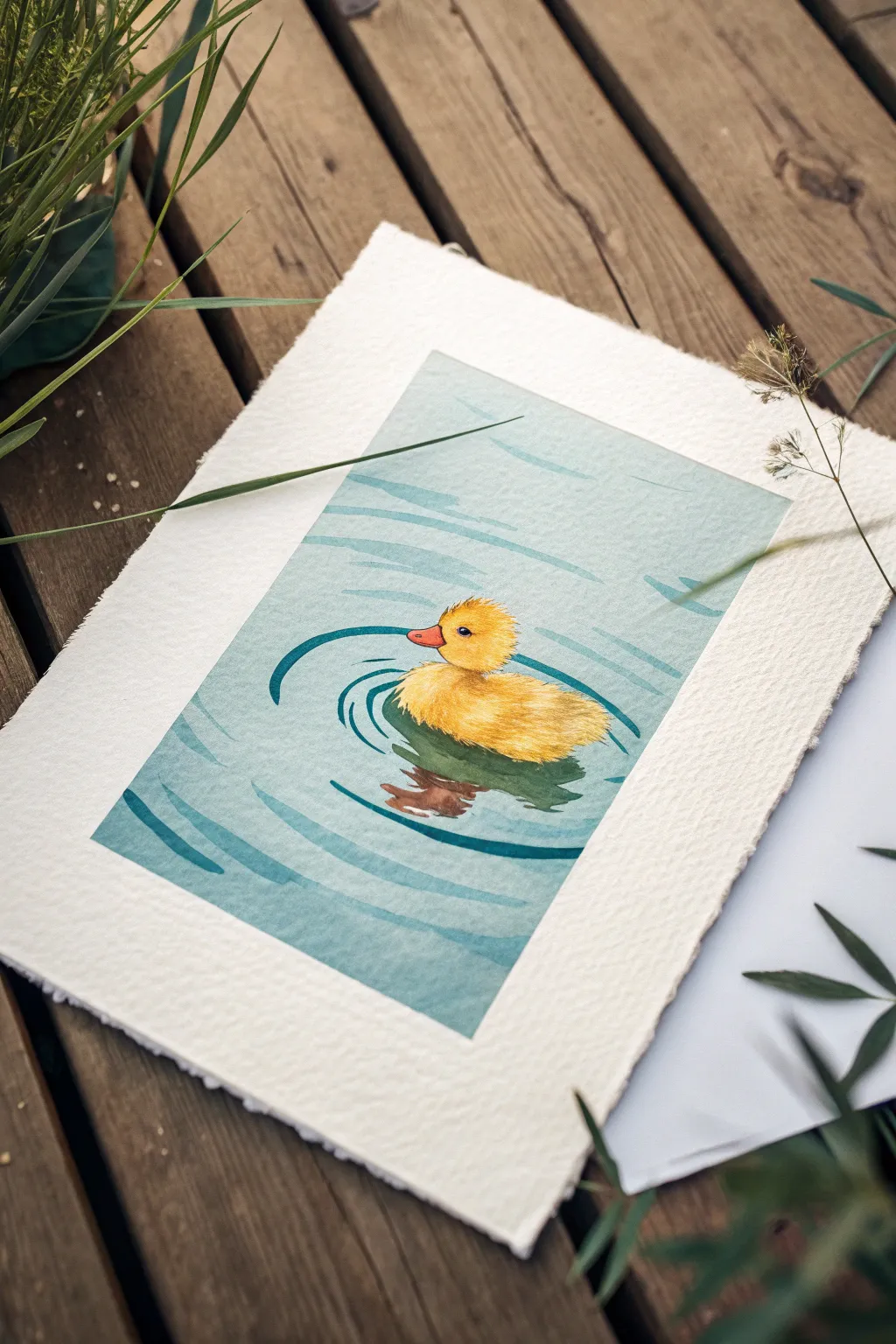 Tiny floating duckling drawing with simple ripples, bold color contrast, and airy calm vibes