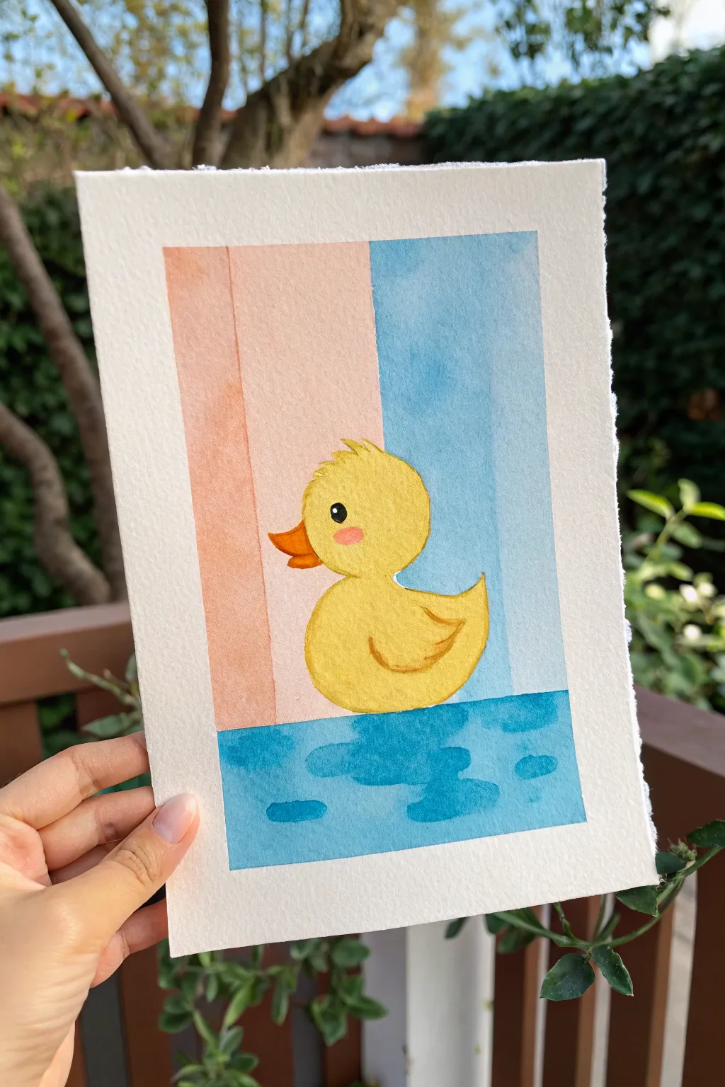 Tiny duck on a crisp peach and sky-blue color block for a cute minimalist painting idea