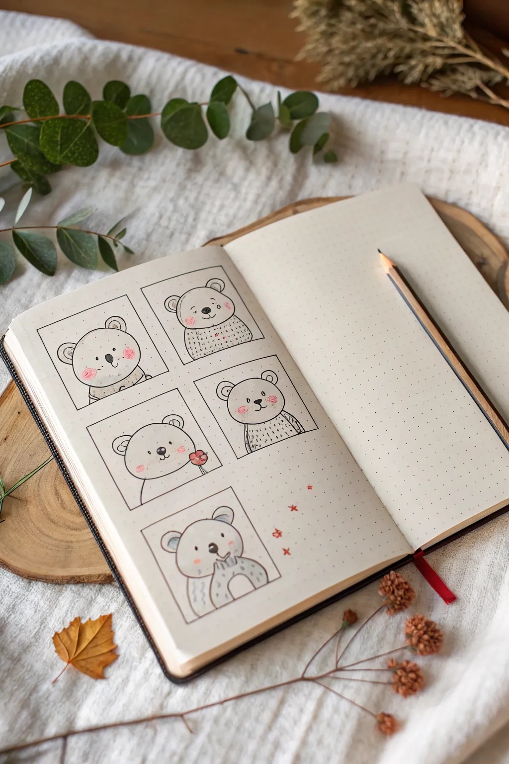 Tiny teddy bear step-by-step doodle grid for cute easy drawings, minimalist kawaii charm
