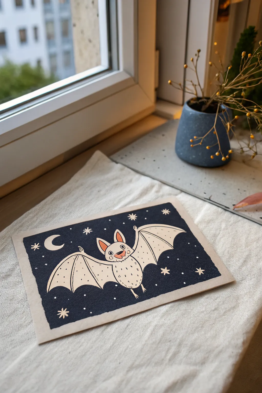 Draw this chubby rounded-wing bat doodle on a midnight sky background for cute Halloween vibes