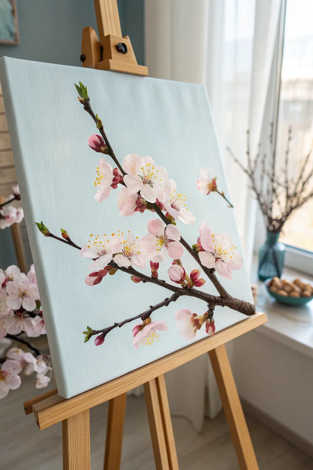 Simple cherry blossom branch painting in blush pink on sky blue for an easy, pretty DIY artwork