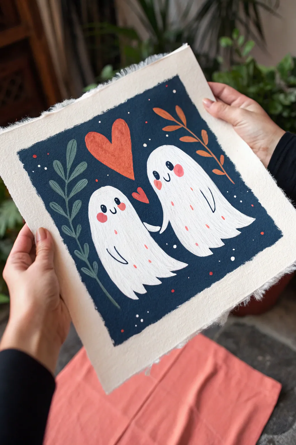 Two blushing ghosts holding hands on bold midnight blue—minimal, cozy, and irresistibly cute.