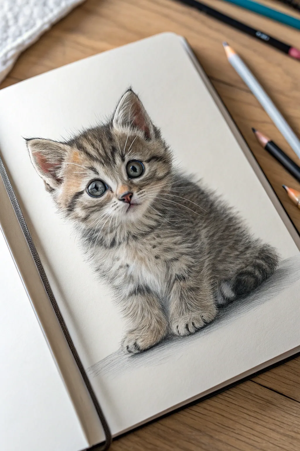Wide-eyed kitten sketch with realistic fur layering, soft shadows, and a velvety nose detail