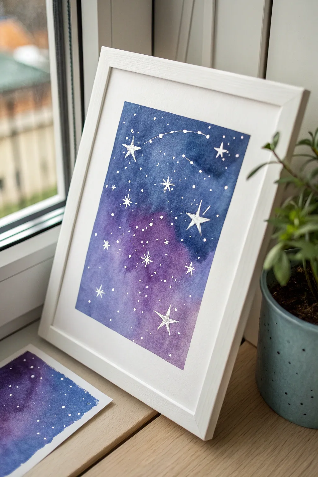 Tiny galaxy star splatter painting with dreamy indigo-purple wash and bright, twinkly stars