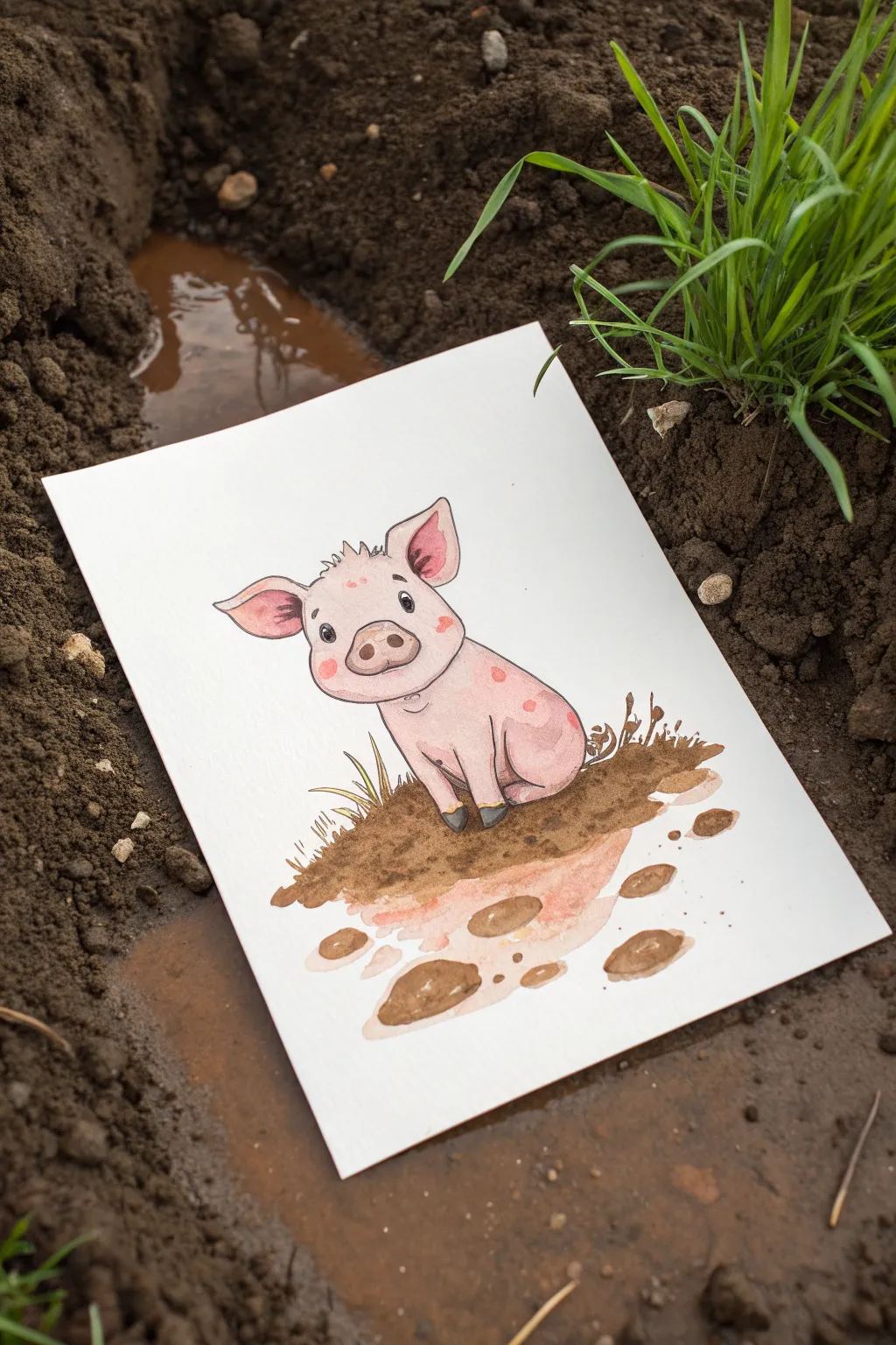 Sweet piglet in a muddy puddle watercolor idea with warm browns and minimalist boho charm.