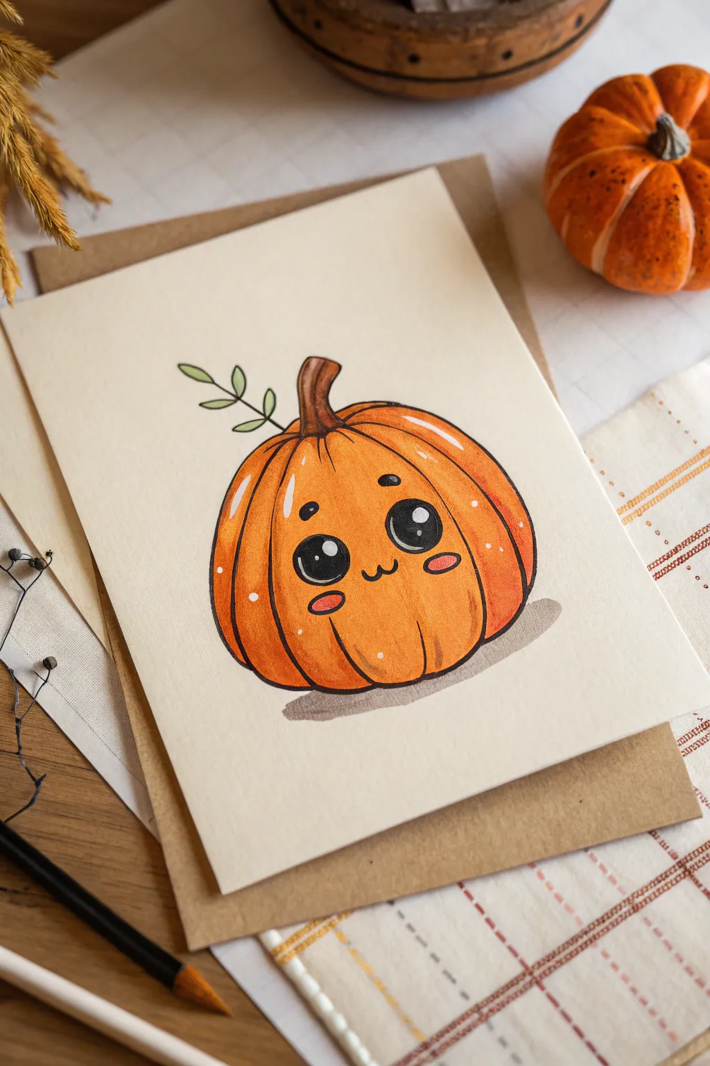 Sweet glossy pumpkin with blush cheeks and sparkling eyes, minimalist and polished