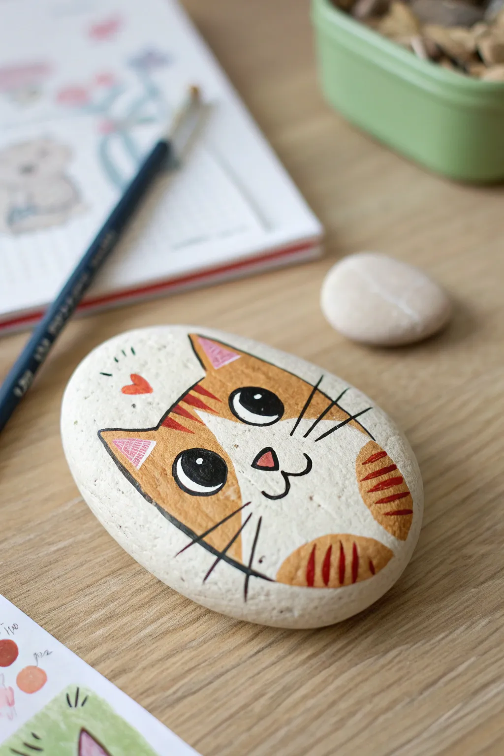 Simple cat whiskers rock painting with bold eyes, cozy minimalist studio vibes and warm contrast