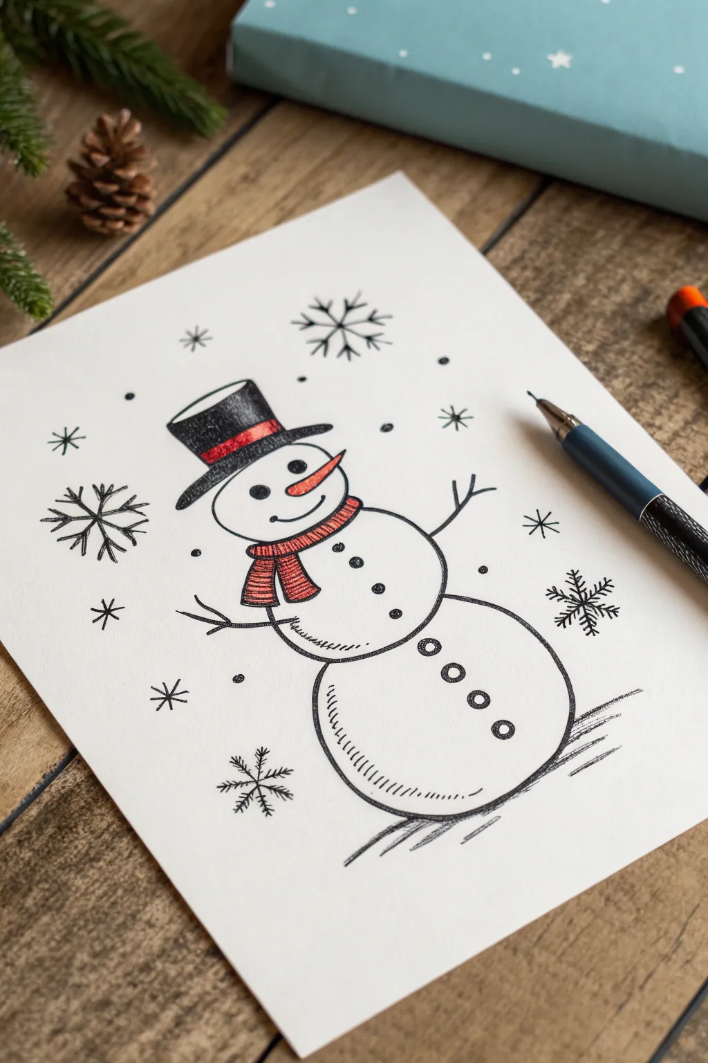 Minimal snowman with an oversized top hat and ribbon band, simple, cute, and easy to draw