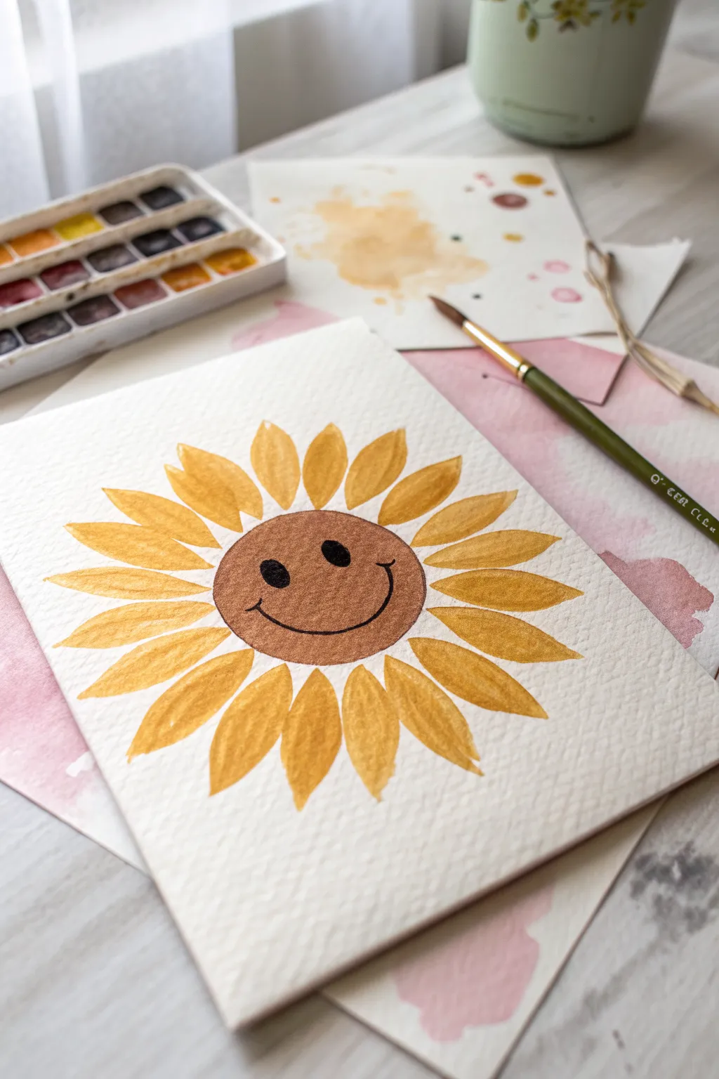 Smiling sunflower face painting: simple petals, dot eyes, and a soft pastel background