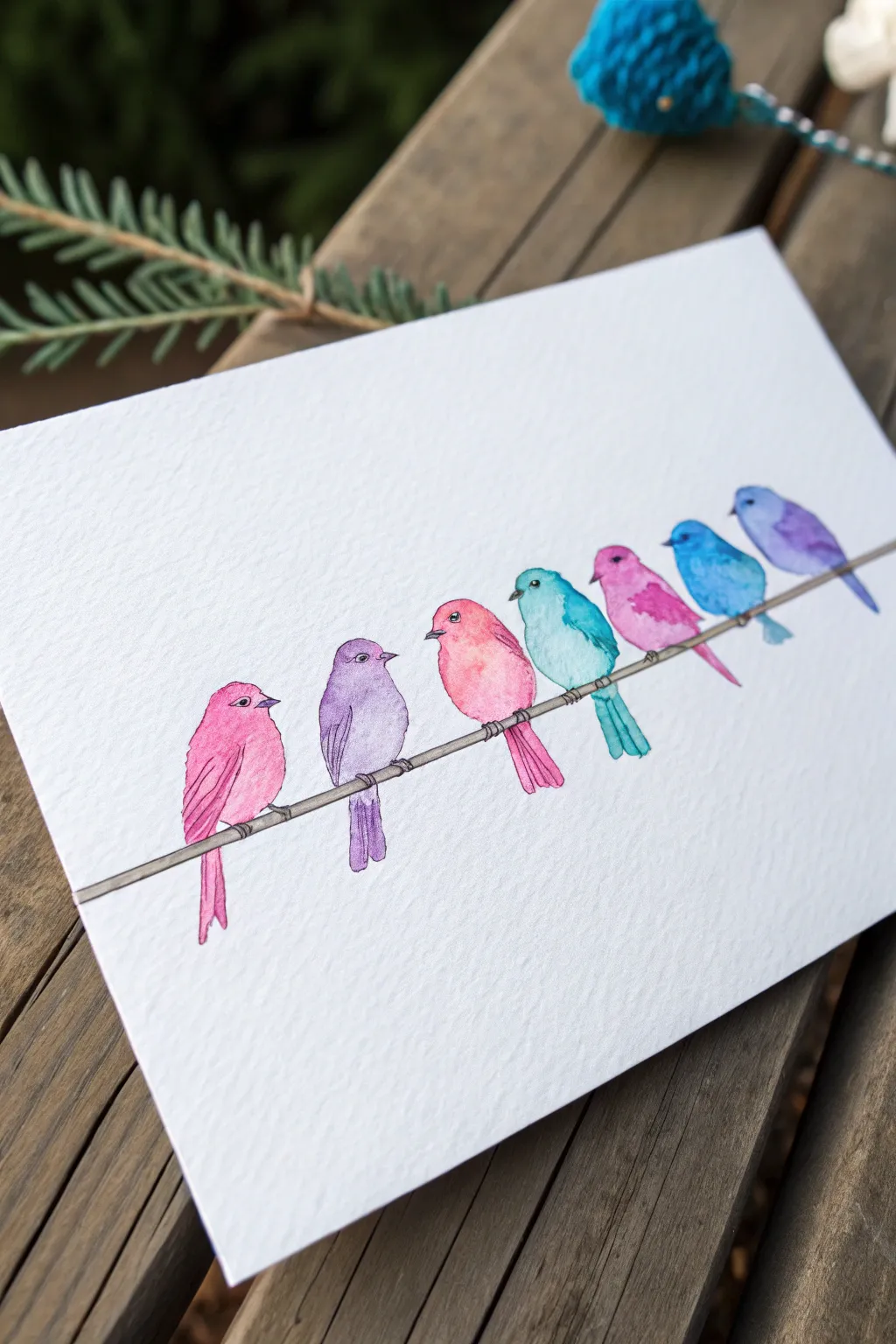 Candy-colored watercolor birds on a simple wire with lots of white space for easy beginner painting.