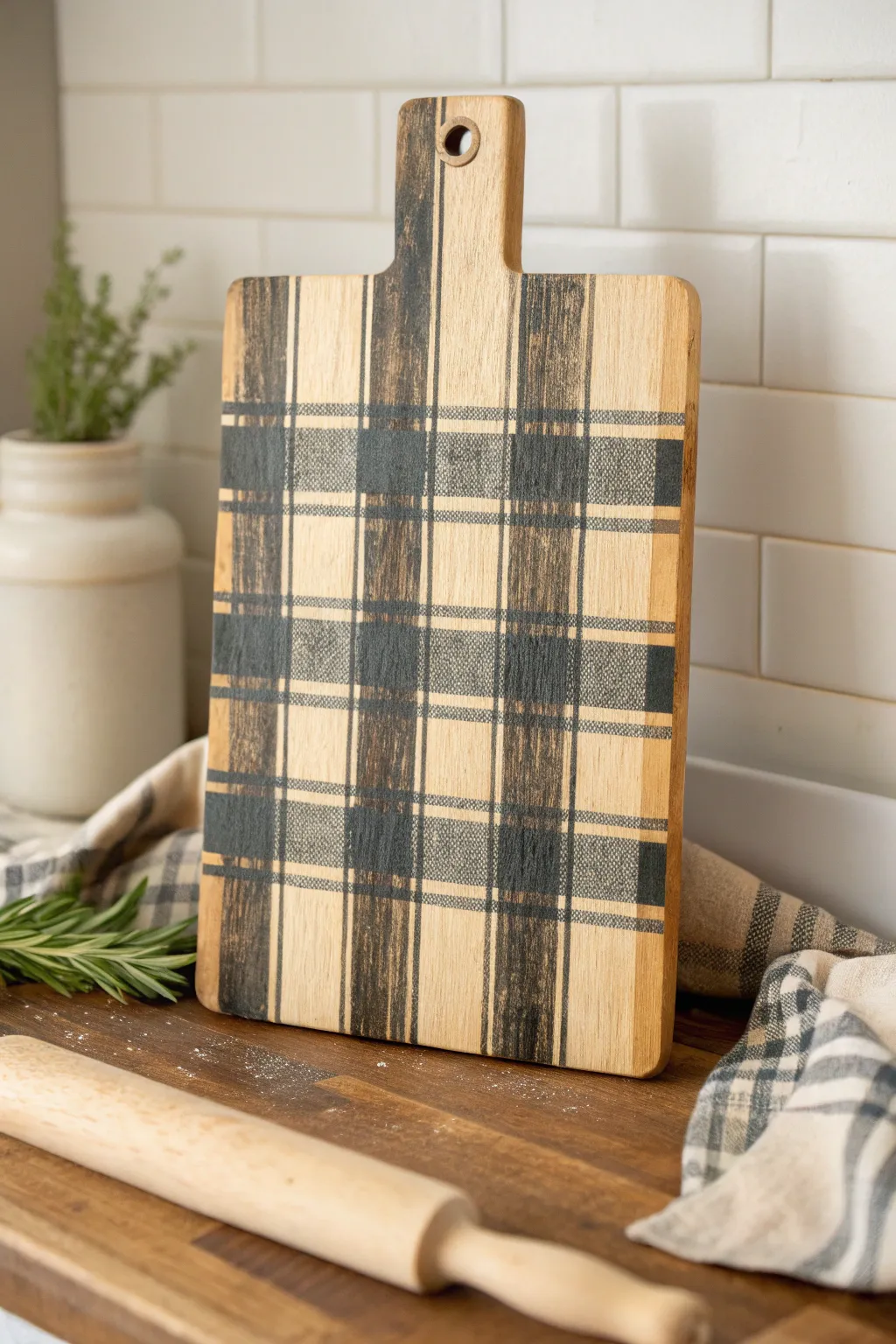 Buffalo plaid farmhouse cutting board with distressed edges, minimalist cozy kitchen contrast