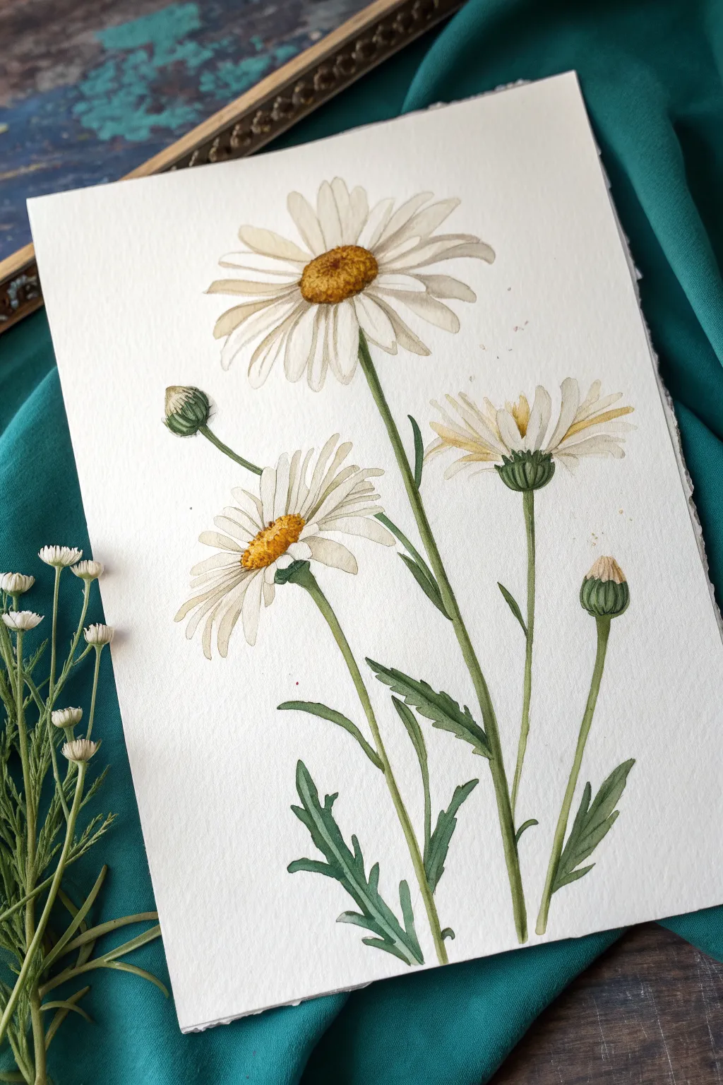 Half-open daisies and buds study with loose petals, bold contrast, and calm Nordic vibes.