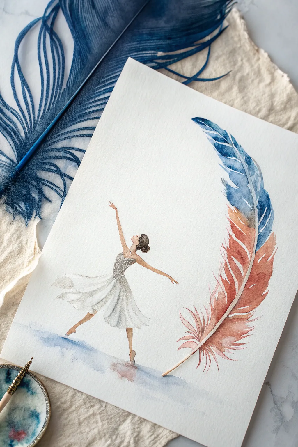 Watercolor wash motion blur: a dancer silhouette with blooming color trails and calm minimal space