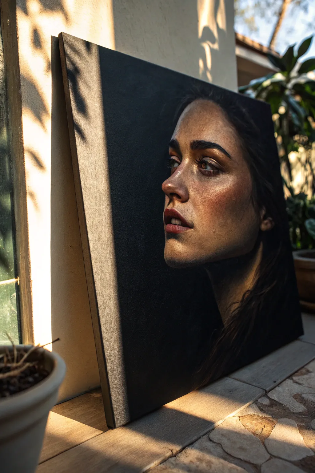 Bold chiaroscuro portrait: one warm side light carving a face from velvety darkness.