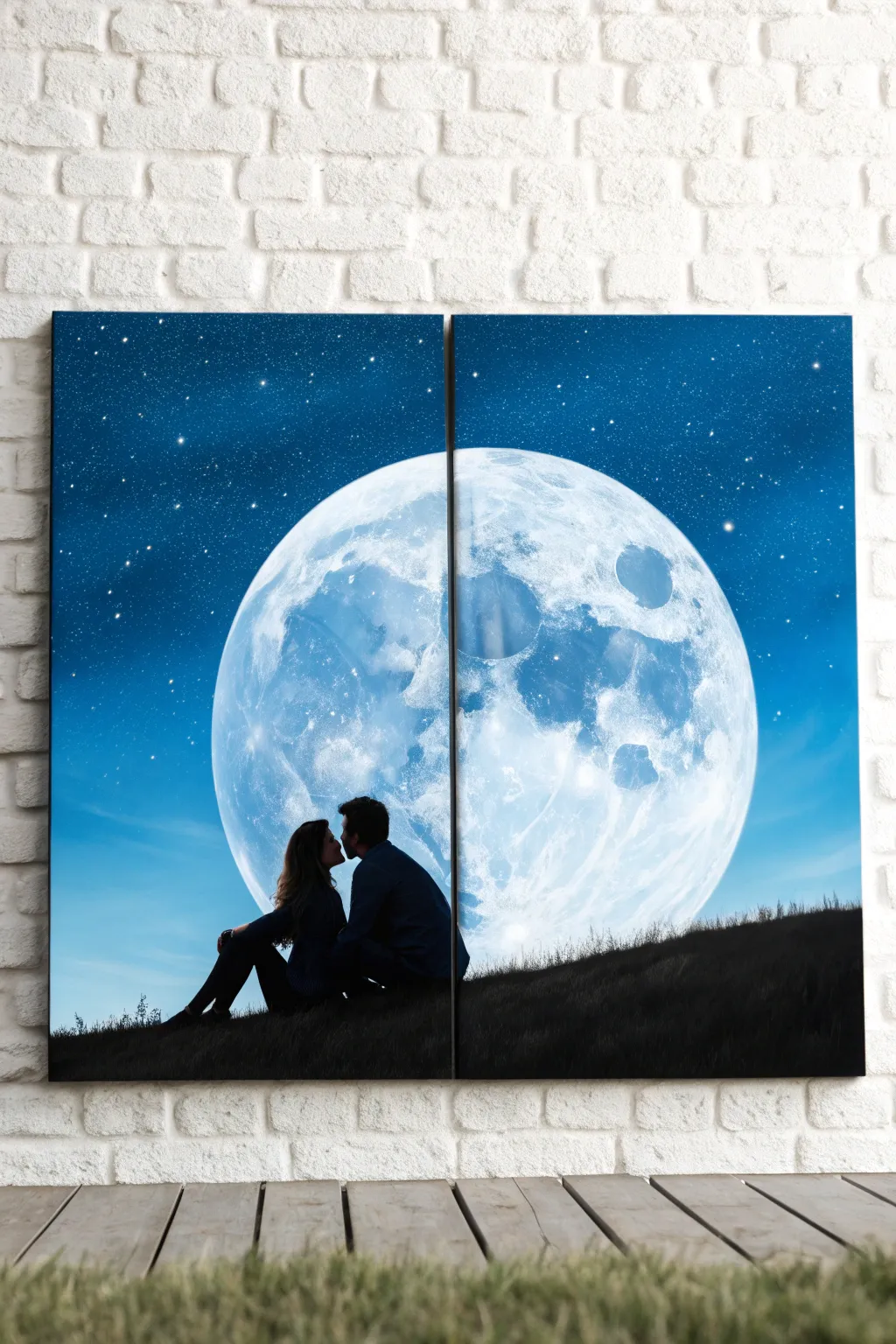 Dreamy diptych date night painting: two canvases, one glowing moon, cozy silhouette couple