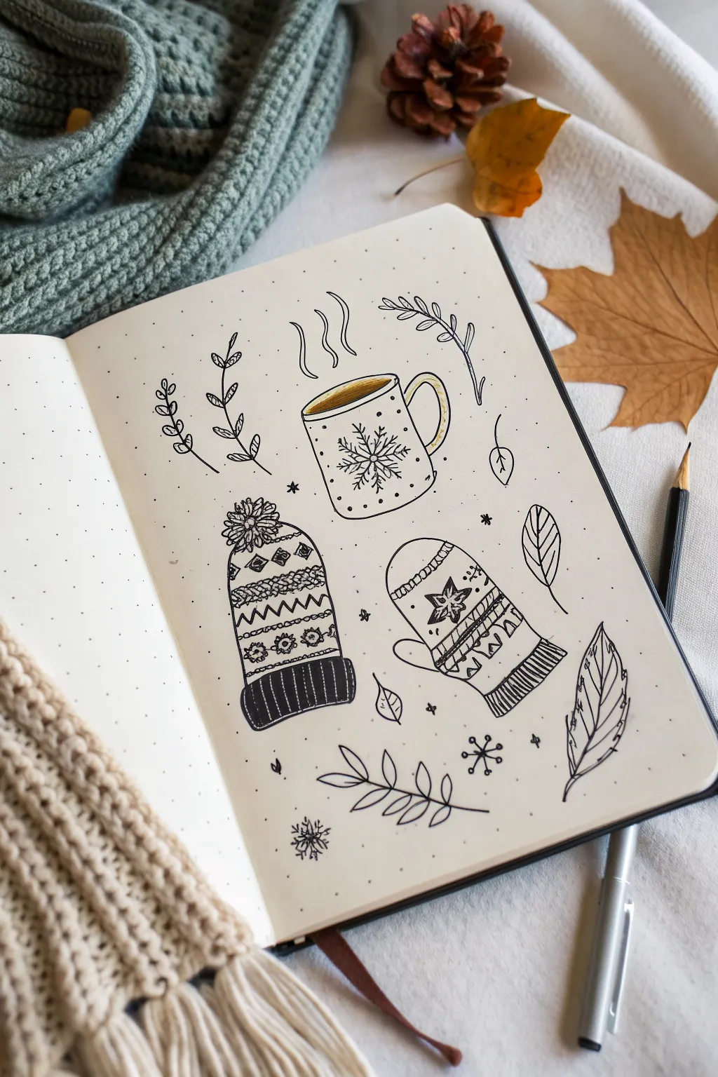 Cozy December doodle set: steaming mug, knit mittens, and scarf in minimal boho style