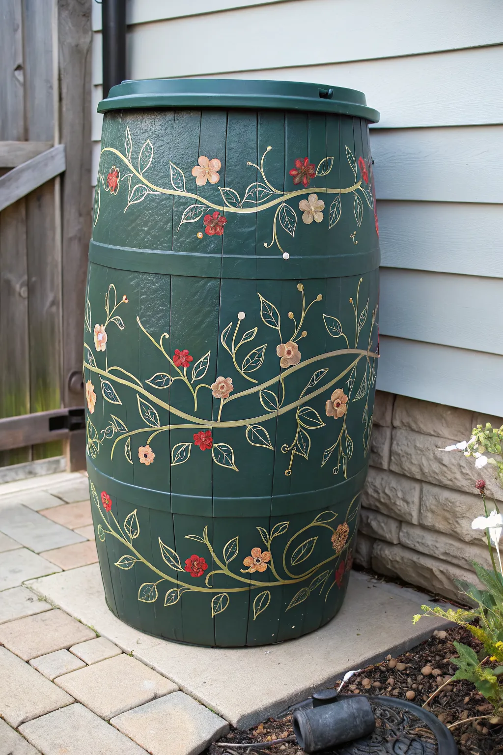 Vine-painted rain barrel with trellis illusion, a chic boho touch for minimalist gardens.