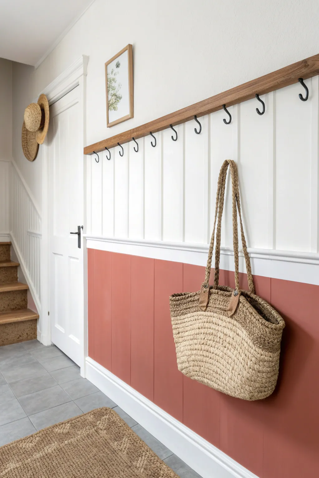 Soft color-block half wall + oak peg rail: minimalist, practical, and beautifully handcrafted.