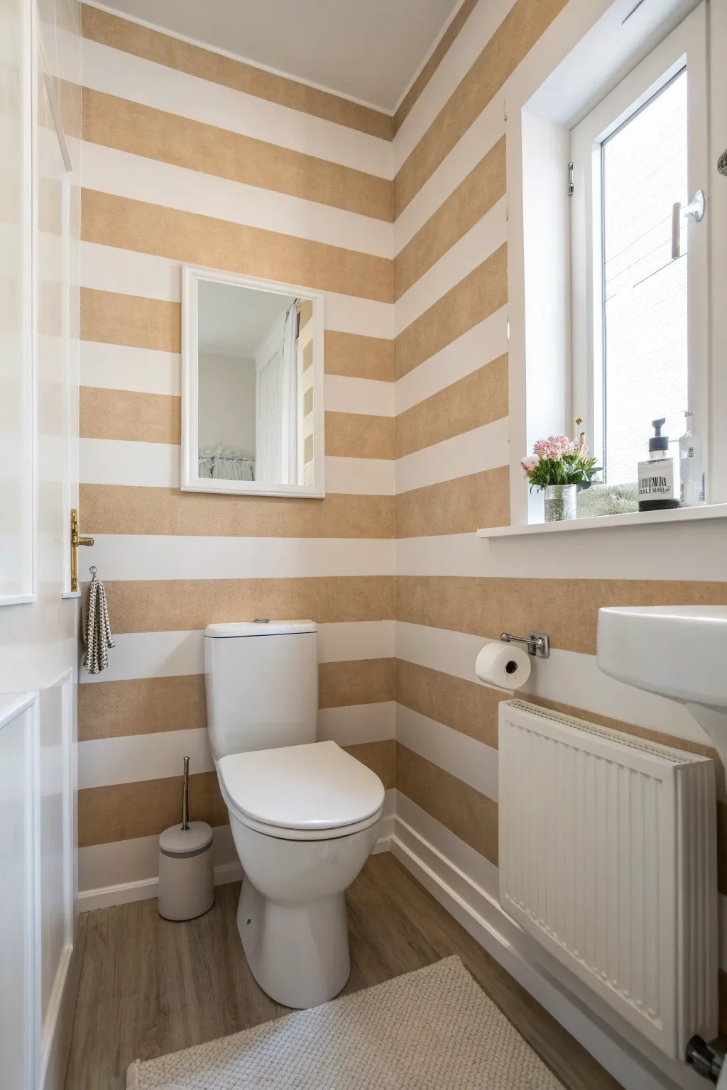 Wide horizontal stripes in soft neutrals visually widen a small bathroom with calm, modern style.