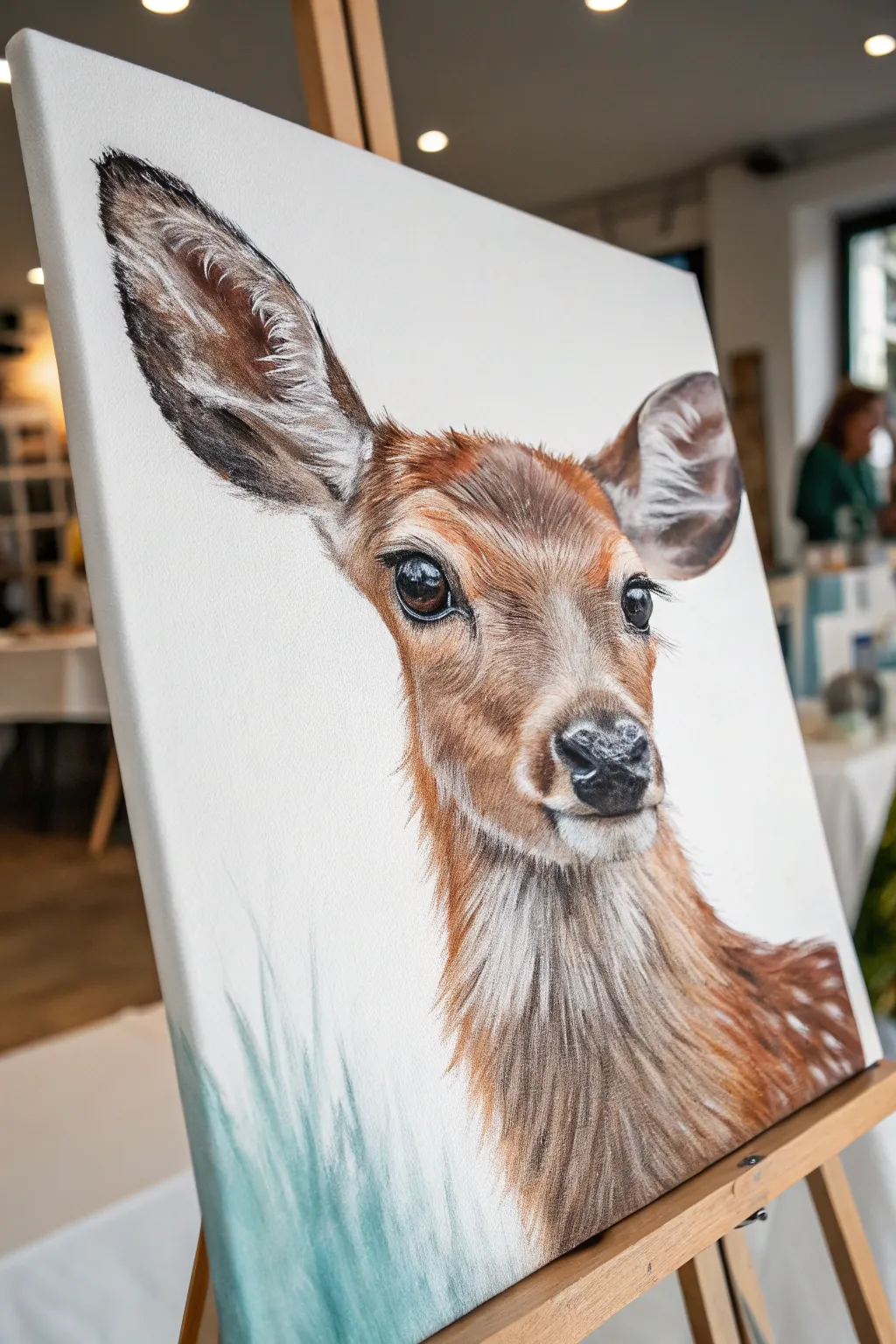 Close-up deer portrait painting with bold Nordic hues, soft wash background, and rich fur texture