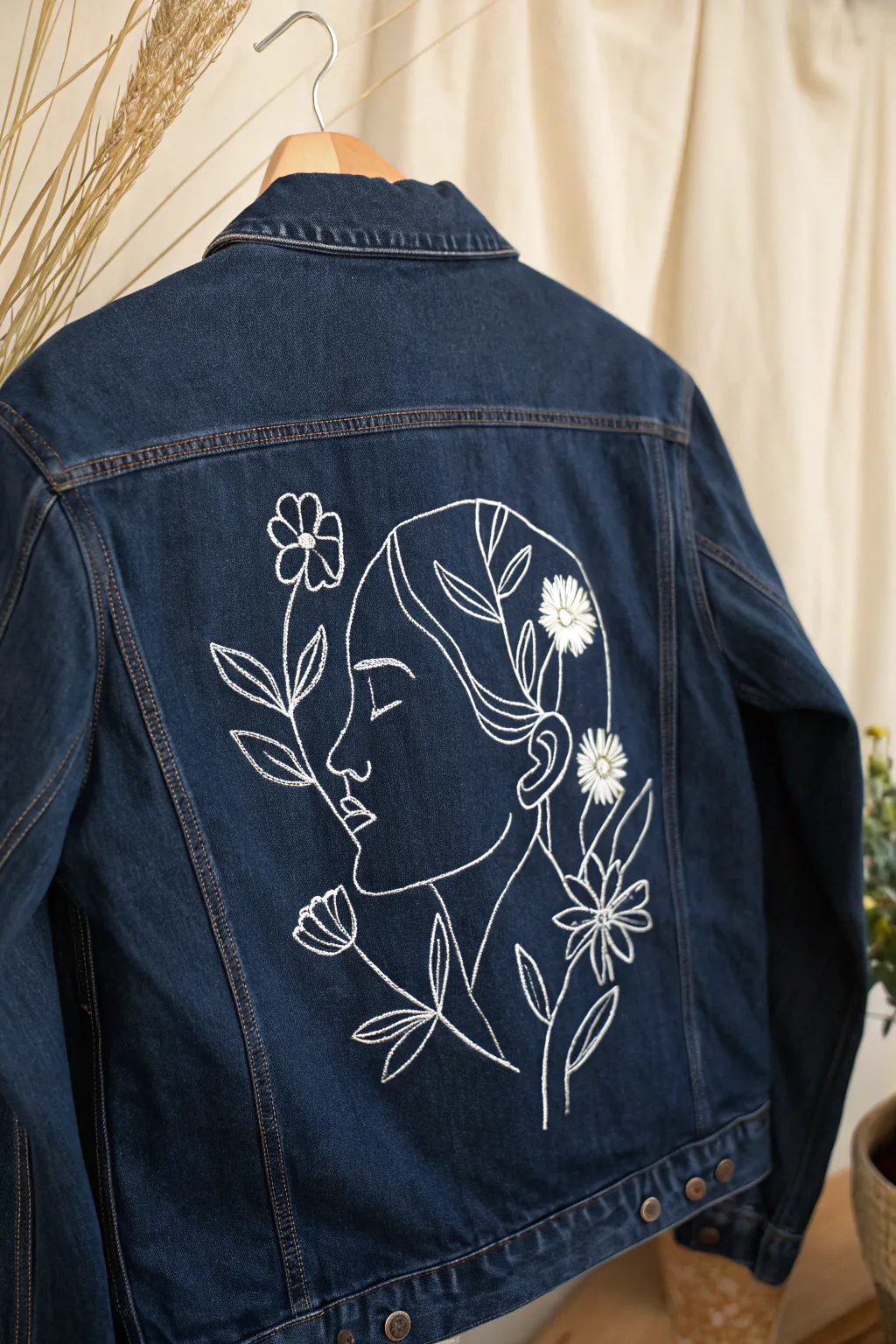 Dark denim, crisp white line art: a minimalist-boho jacket back design with striking contrast