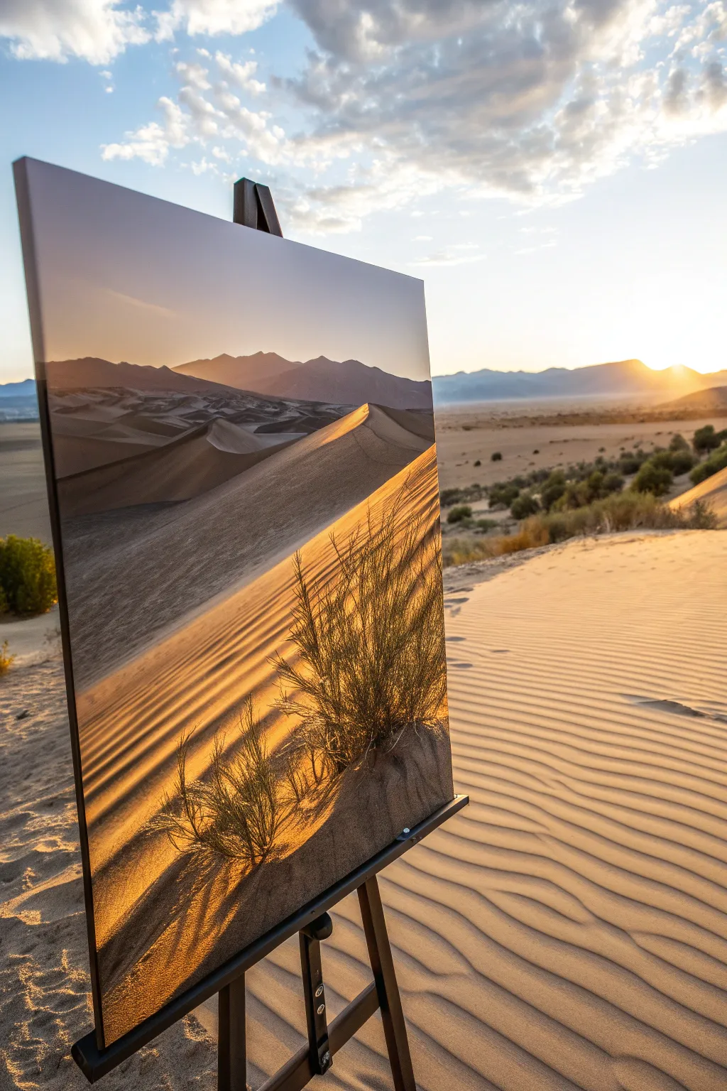 Golden hour desert shadows in bold minimalist tones, a calming boho-inspired canvas idea.