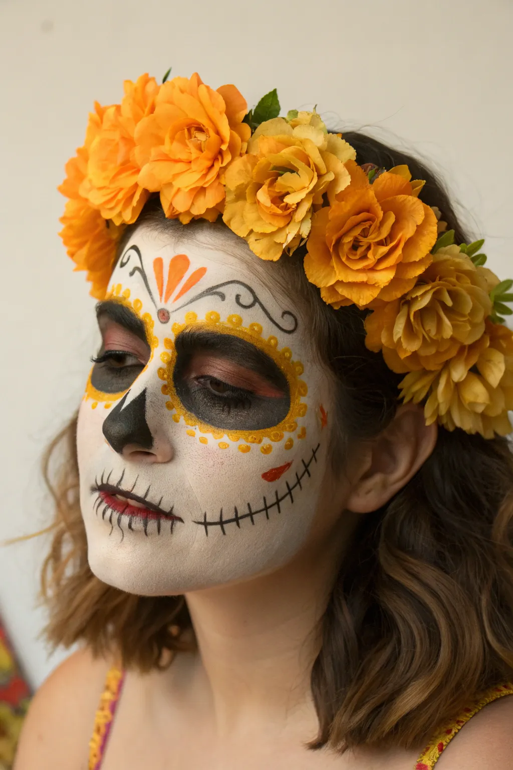 Marigold-glow La Catrina face paint paired with a matching flower crown on a clean backdrop.