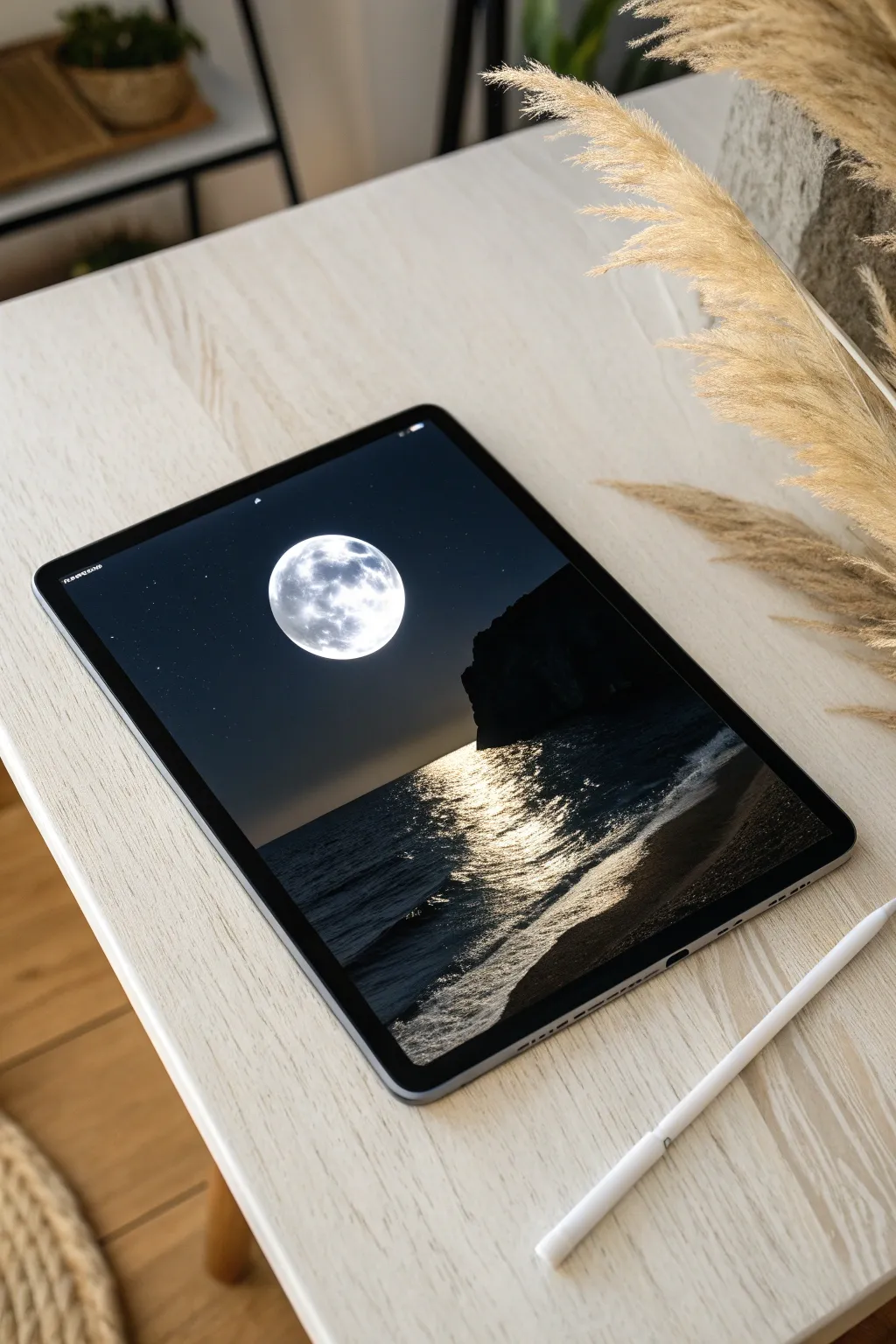 Moonlit ocean silhouette study with a bold full moon and shimmering reflection to paint digitally