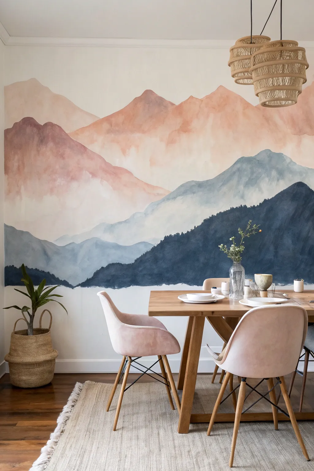 Soft watercolor mountain mural in morning light, a calm Scandinavian statement with bold contrast