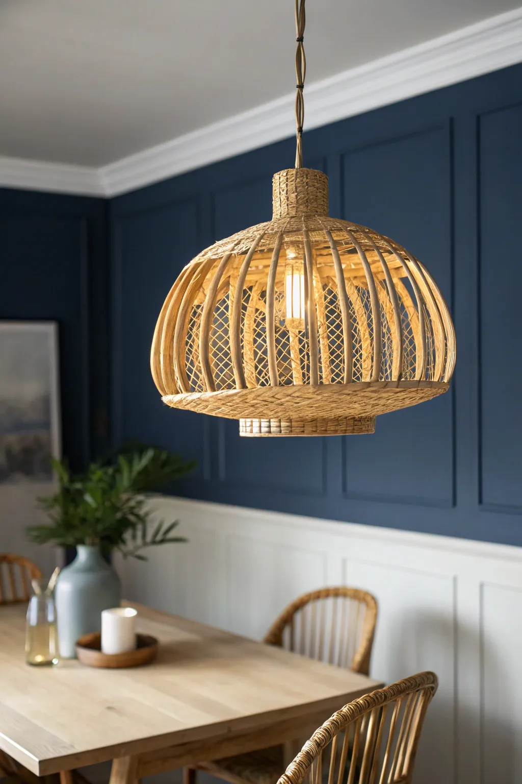 Deep navy walls glow with a handcrafted pendant, proving dark paint can feel cozy.