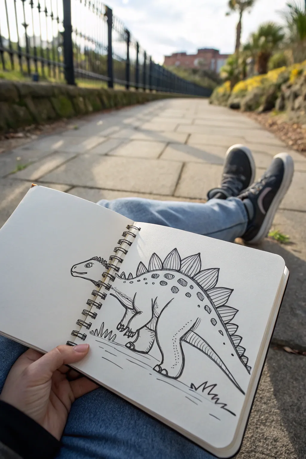 Stegosaurus plate pattern practice with bold stripes, dots, and zigzags in a clean minimalist style