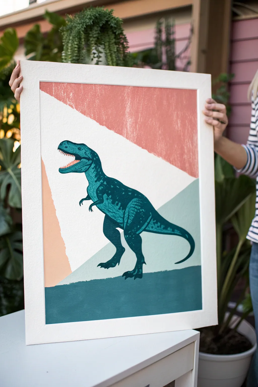 Bold color-block T-Rex profile painting in Scandinavian minimal style with a boho palette