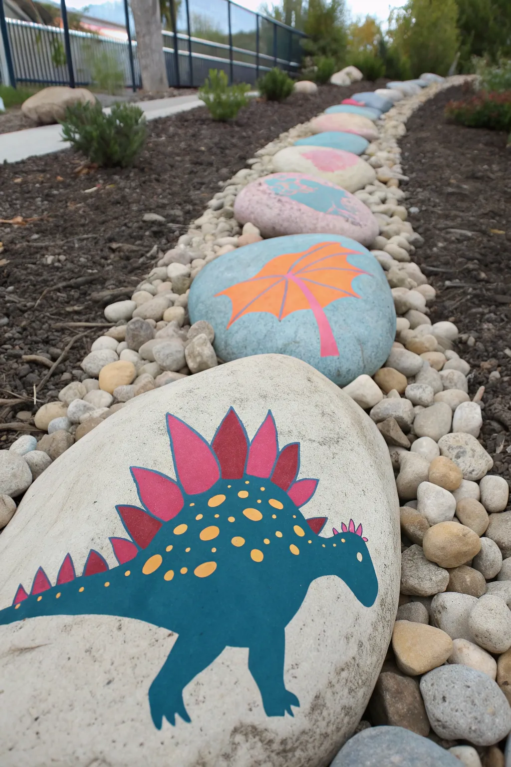 Paint a stegosaurus rock with bold scallop plates in bright colors, simple and striking.