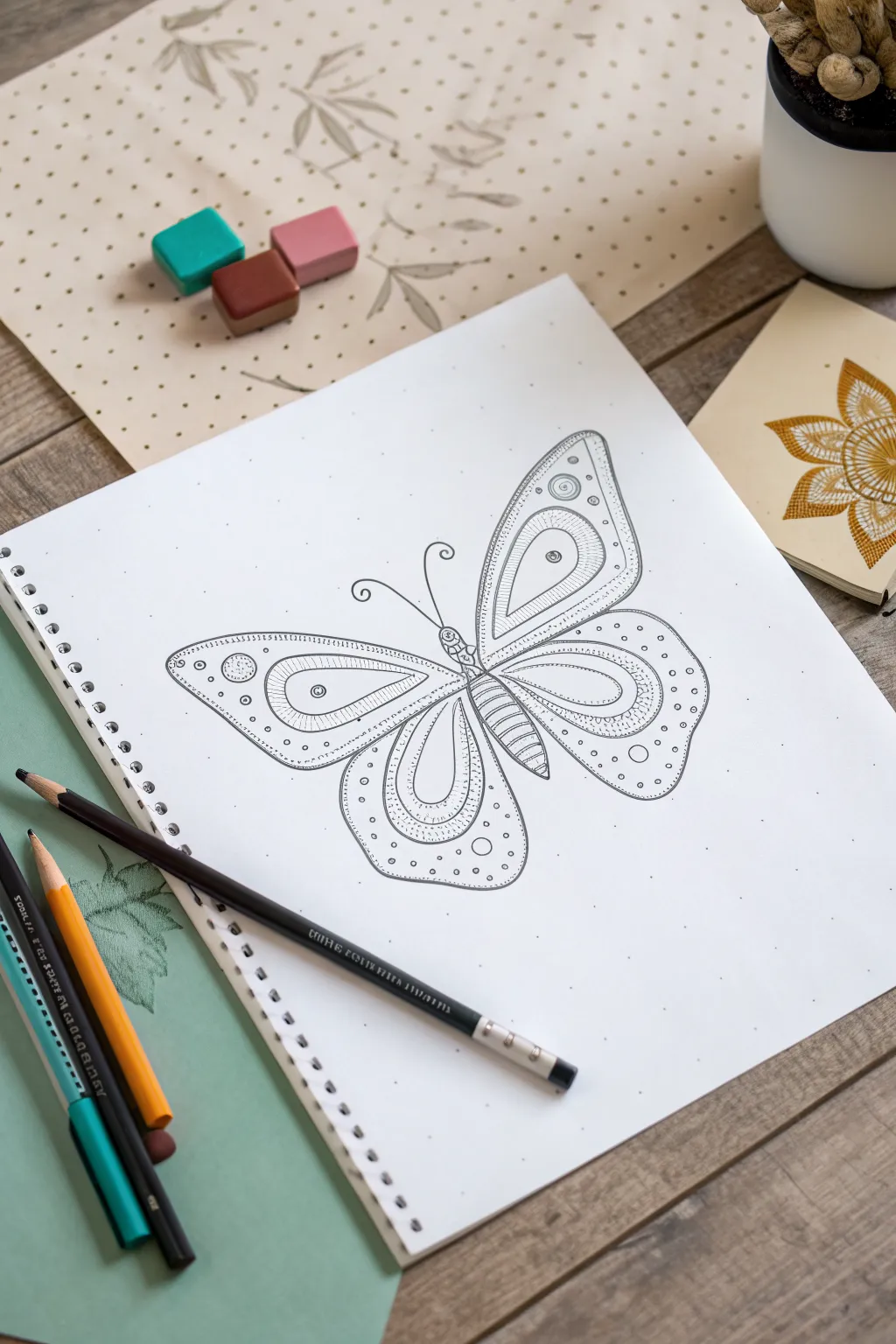 Butterfly symmetry directed drawing: simple shapes, mirrored wings, and bold boho color.