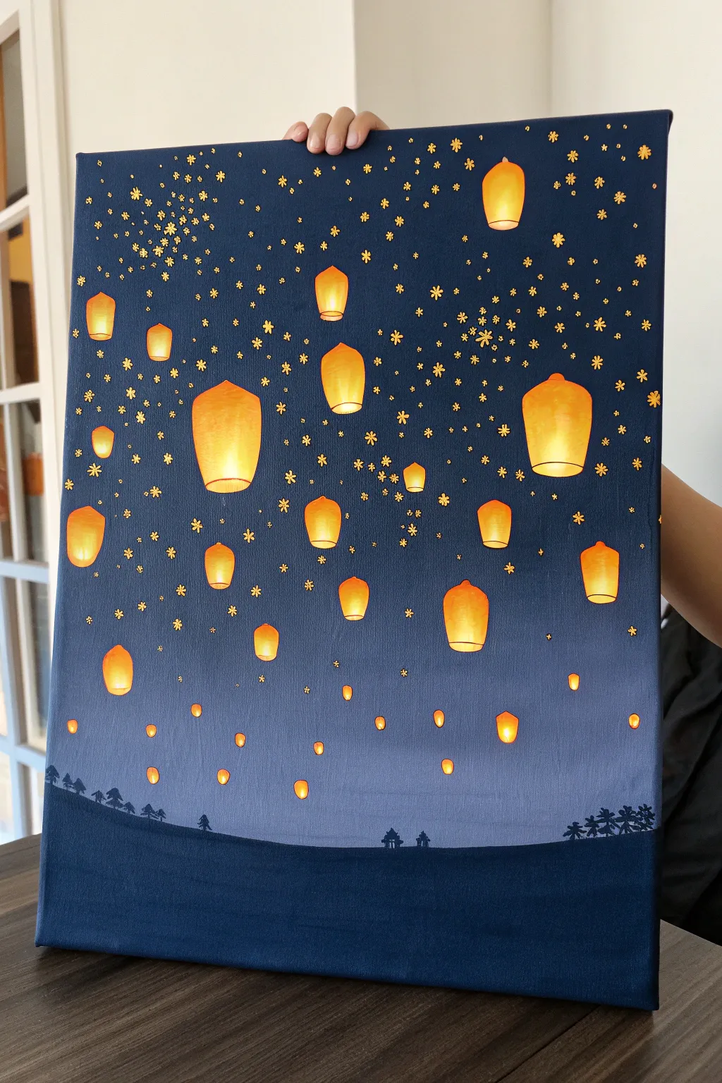Minimal floating lantern night sky painting in deep navy with warm golden glow and bold contrast