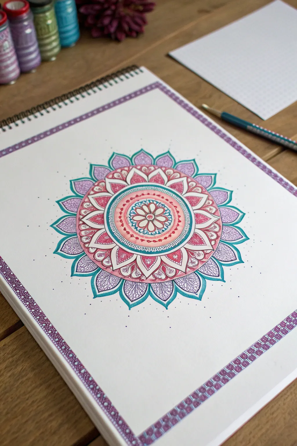 Center your page with a bold Diwali rangoli mandala and crisp white highlight dots