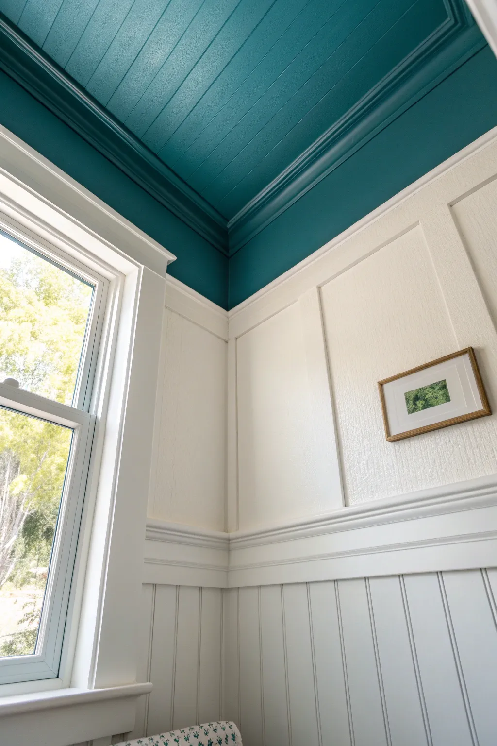 Paint the ceiling a surprise shade: deep teal over warm white walls for a chic DIY bathroom update.