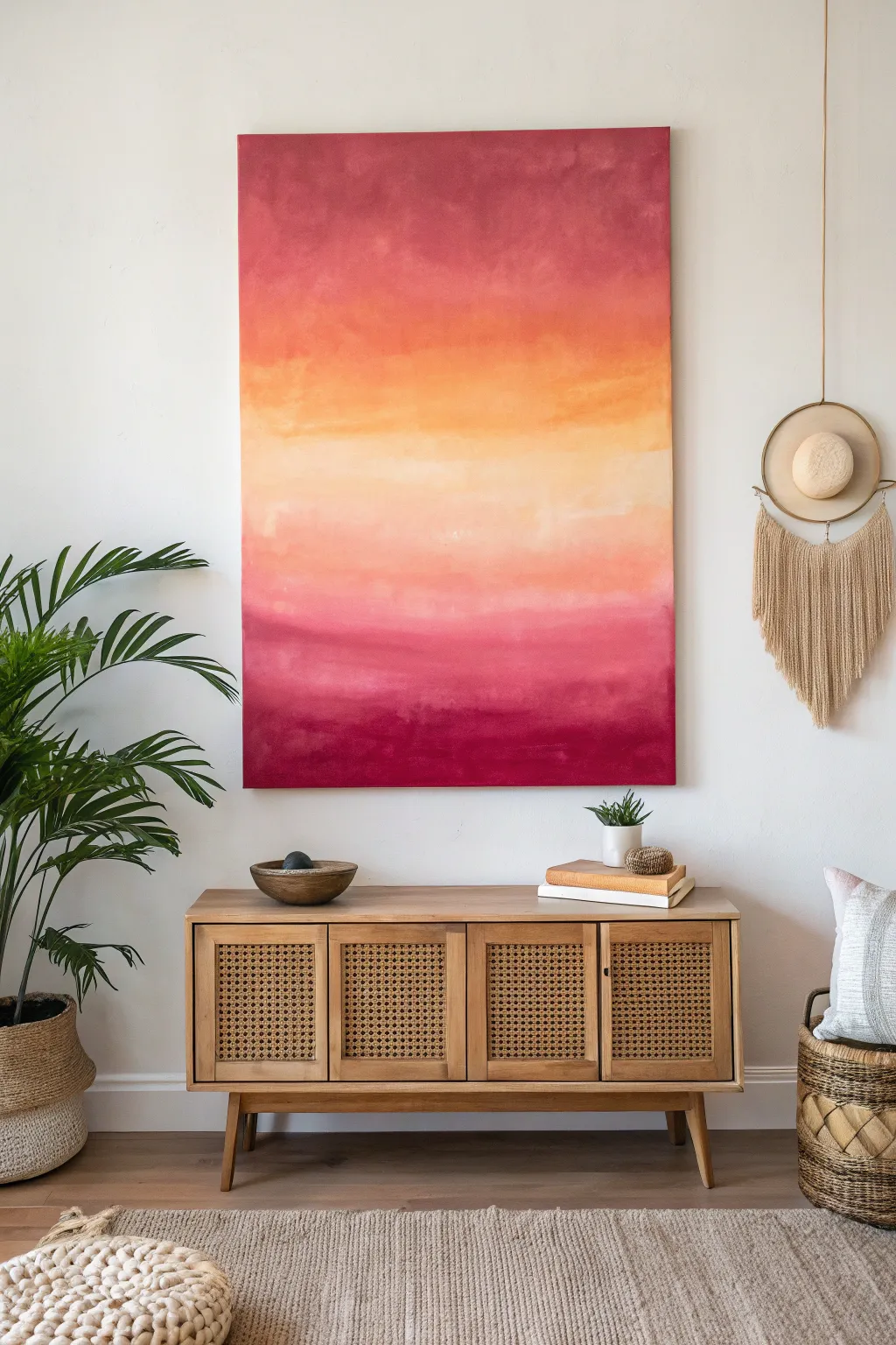 DIY ombre sunset canvas brings a soft glow and bold color to a minimalist living room.