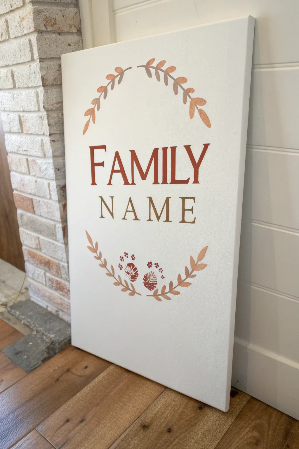 Modern family canvas with bold surname and established year, finished with subtle handprint accents.