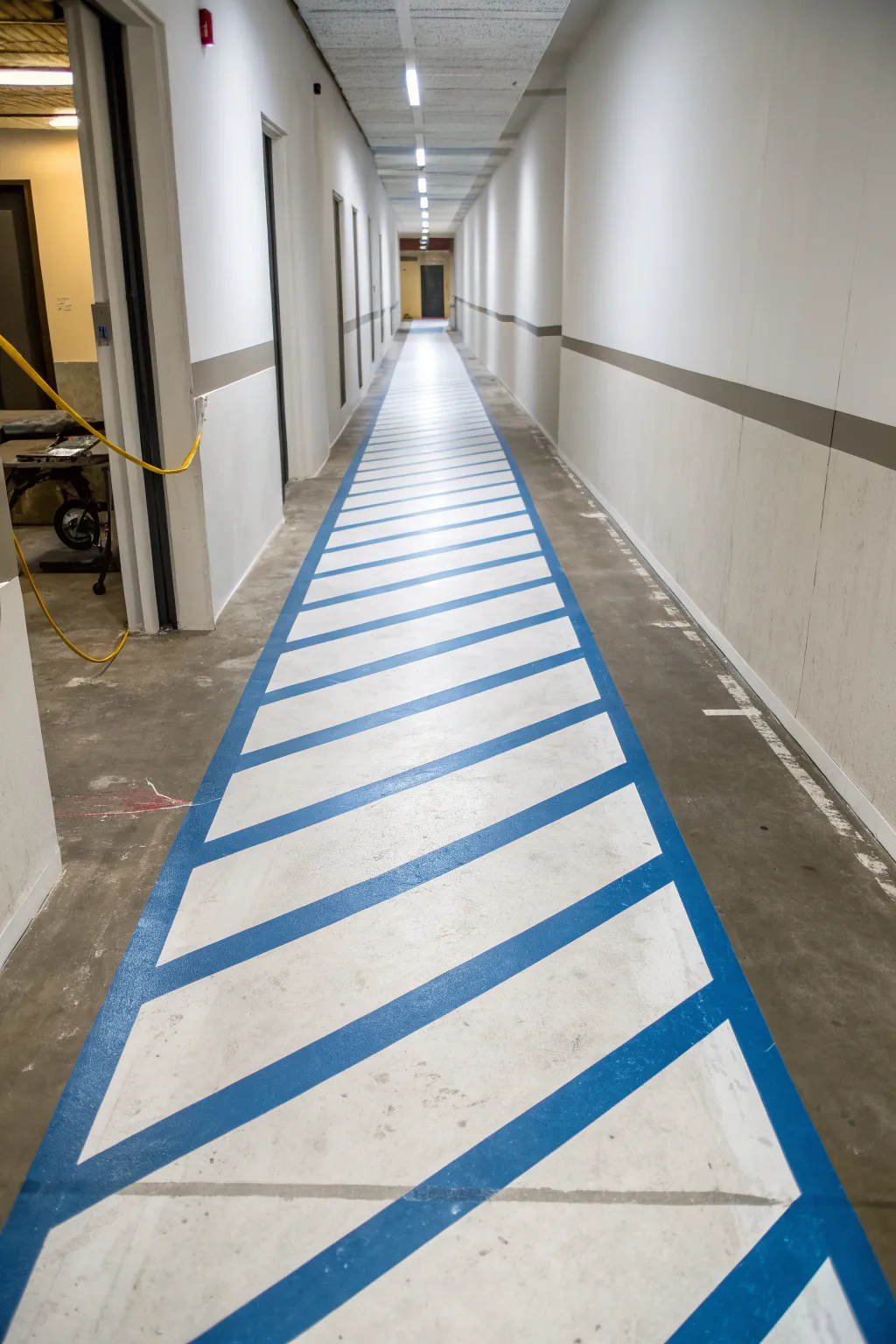 Lengthwise painted stripes with tape still on give your concrete floor a longer, airier feel