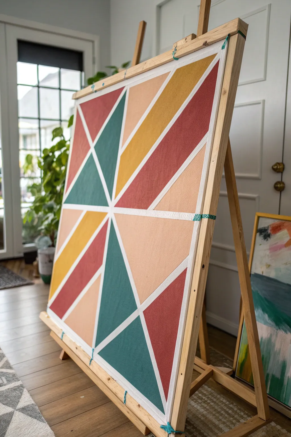 Tape-resist geometric canvas in bold boho tones, crisp lines and minimalist Scandinavian vibes