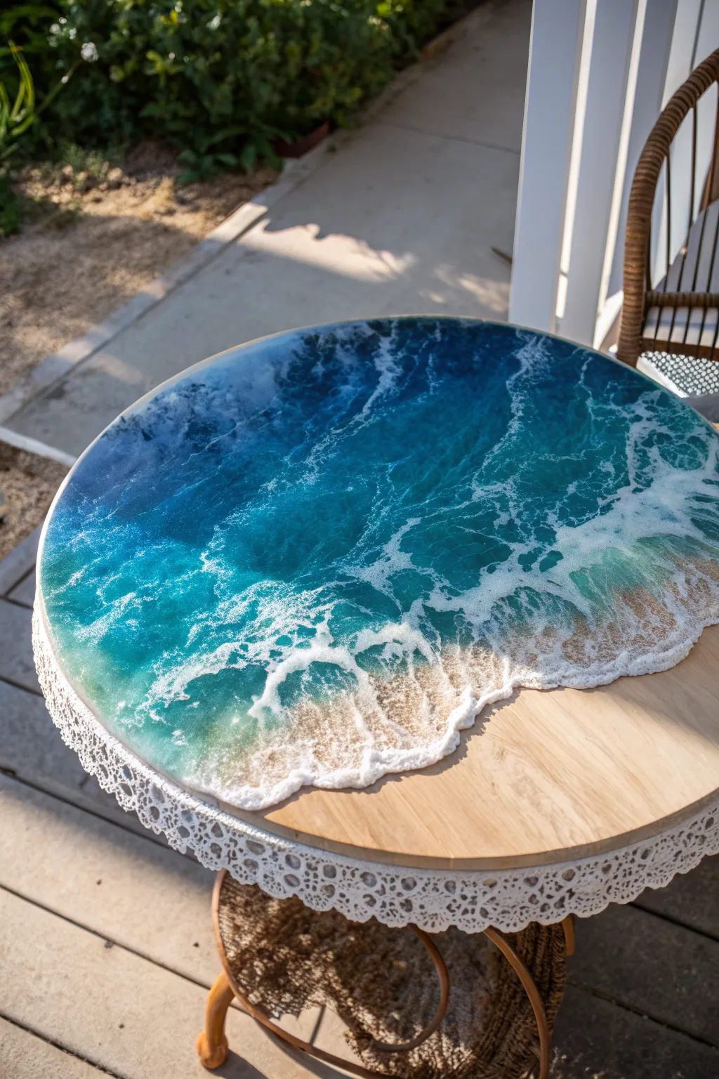 Ocean wave resin tabletop with crisp white lacing, glossy depth, and bold blue-to-sand fade.