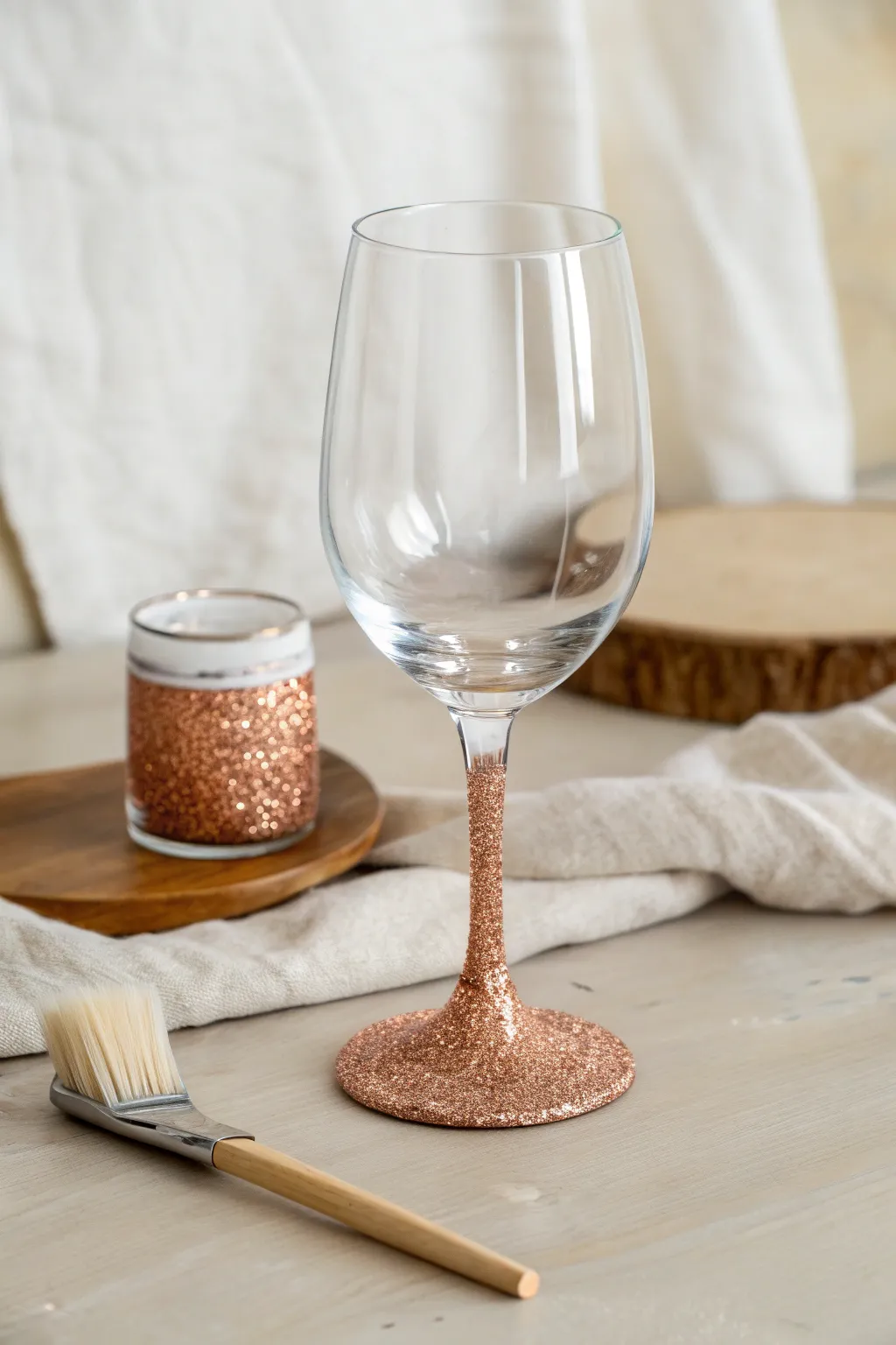 DIY glamour: crisp glitter-dipped stem wine glass for a minimalist, boho-chic tablescape.