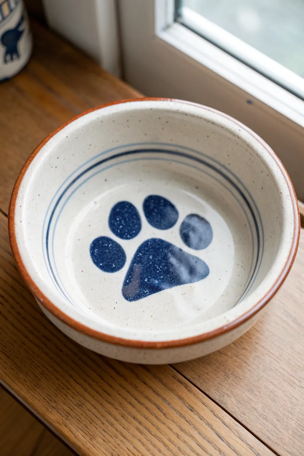 Minimalist dog bowl pottery: a single bold paw medallion with a clean rim border