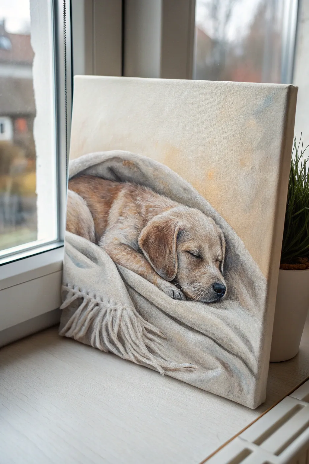 Sleeping puppy painting inspiration in soft window light, cozy muted tones, and calm Scandinavian contrast